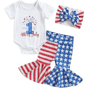 4th Of July Baby Girl Outfit Newborn Fourth Of July USA Romper+Flare Pants+Headband Memorial Day Clothes Set in Kuwait