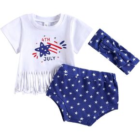 FIOMVA Baby Girls Boys 4th of July Outfits Tassle Tshirt+American Flag Shorts Pants+Headband Memorial Day Clothes Set