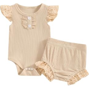 Newborn Outfit Baby Girl Summer Solid Color Clothes Set Cute Fly Sleeve Romper and Ruffle Shorts 2PCS