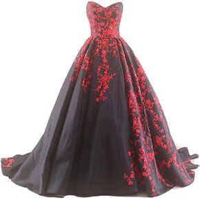 Gothic Black Prom Dress V Neck Ball Gown Satin Beaded Lace Corset Long Wedding Dresses
