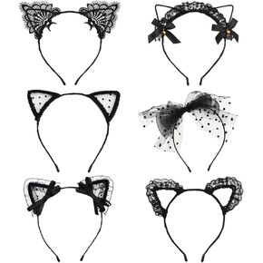6Pcs Lace Cat Ears Headband for Women Girls Cosplay Cat Ears Headwear Masquerade Anime Party Hair Accessories