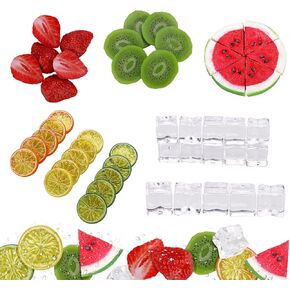 48 PCS Mixed Fake Fruit Slices Set, Artificial Fruit Slices Faux Lemons,Kiwi,Strawberry,Watermelon and ICES Cubes for Party Home Kitchen Weding Decoration Photography Props