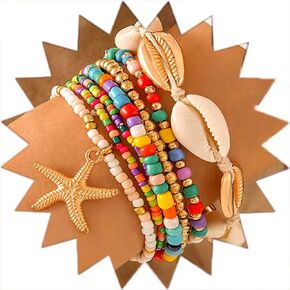 Boho Layered Bracelet Set Summer Beach Shell Stretch Bracelets Gold Starfish Beads Surfer Bracelets for Women and Girls