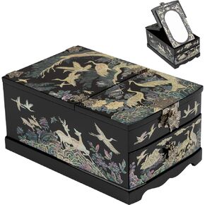 February Mountain Korean Mother of Pearl Vintage Jewelry Box with Crane and Pine Tree Elegance – Perfect Gifts for Women's Birthday Christmas Anniversary Mother's day