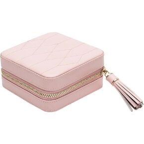 WOLF Caroline Zip Travel Case, Rose Quartz - Seven Ring Rolls, Four Compartments, Three Necklace Hooks & Pocket - Anti-Tarnish LusterLoc Lining