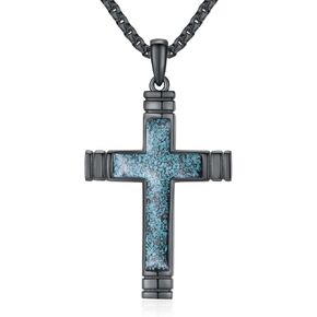 Black Cross Necklace for Men S925 Sterling Silver Turquoise Cross Pendant Necklace Amulet Religion Christian Jewelry Gift for Son Boyfriend Father Husband