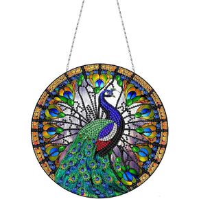 Diamond Art,Cloisonne Art Kit,Diamond Painting Peacock DIY Peacock Diamond Painting Kits Hanging Pendants Wall Art Colored Imitation Glass Art Point Drill Crystal Diamond Art Window Pendants