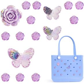 Accessories for Bogg Bag, Purple Butterfly and Roses Decoration for Bogg Bag Charms, Compatible with Women Rubber Beach Bag Tote Handbag, 16 Pcs