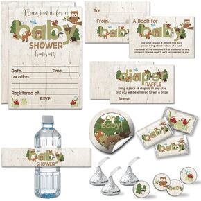 تتضمن مجموعة حفلات استحمام الأطفال من Amanda Creation Woodland Forest Animals 20 دعوة مع مظاريف + 4 أحجام مختلفة من الملصقات المزخرفة، وتذاكر الحفاضات، وإحضار بطاقات الكتب in Saudi Arabia