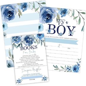 Boy Baby Shower Invitations with Book Request and Diaper Raffle Card, Blue Baby Sprinkle, 20 Fill in Invites