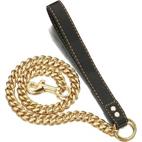 Chain Dog Leash Metal Chew Proof 15MM Heavy Duty Pet Leash Chain with Leather Padded Handle for Large Medium Small Dogs(Totally Length of 4ft) Gold