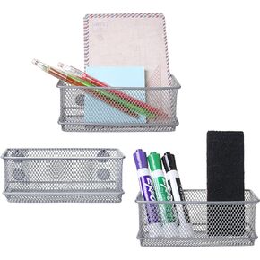 MyGift Silver Wire Mesh Metal Magnetic Hanging Storage Basket, Locker Organizer Bin with Magnet, Rectangular Office Supplies Holder, Pencil, Pen, Marker Holder, Set of 3