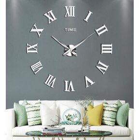 Large DIY Wall Clock Kit, 3D Modern Frameless Wall Clock with Mirror Number Stickers for Home Living Room Bedroom Office Decoration-Black 021
