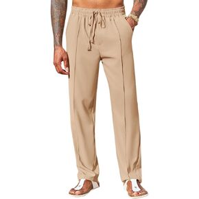 Runcati Mens Cotton Linen Pants Casual Drawstring Elastic Waist Loose Fit Beach Yoga Pants