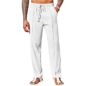 Runcati Mens Cotton Linen Pants Casual Drawstring Elastic Waist Loose Fit Beach Yoga Pants