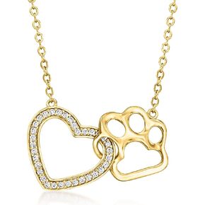 Ross-Simons 0.30 ct. t.w. White Topaz Heart and Paw Print Necklace in 18kt Gold Over Sterling. 18 inches