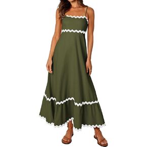 XIONGMEI Women Summer Dresses Spaghetti Straps Sleeveless Square Neck Smocked Rickrack Trim Boho Maxi Beach Dress 2024