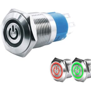 WerFamily 2 Colors Power Indicator LED 16mm Latching Push Button Switch 1NO 1NC SPDT ON/OFF Waterproof Metal Round (Red and Blue)