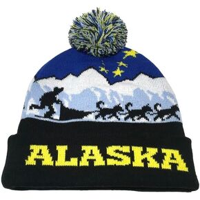 Alaska Beanie Knit Hat Big Dipper Husky Sled Dogs Dogteam Mushing Blue Gold Black Pom Pom