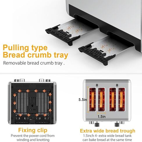 محمصة خبز من الفولاذ المقاوم للصدأ، 6 إعدادات لتظليل الخبز، وظيفة الخبز/تذويب/الإلغاء، فتحة واسعة 1.5 بوصة، رافعة رفع عالية، صينية فتات قابلة للإزالة، لأنواع الخبز المختلفة in Kuwait