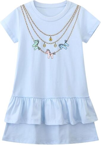 Girls' Summer Floral Embroidered Stripe Short Sleeve Casual Dress in Saudi Arabia