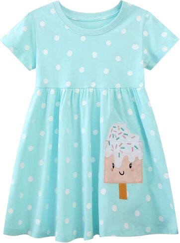 Girls' Summer Floral Embroidered Stripe Short Sleeve Casual Dress in Saudi Arabia