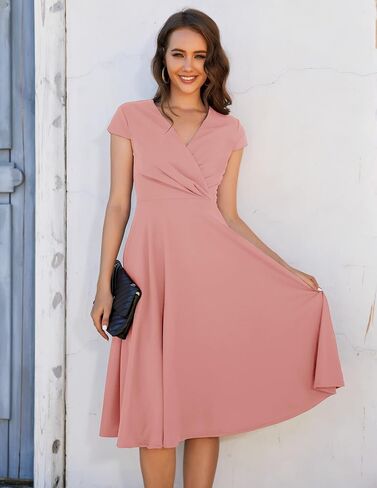 BeryLove فساتين النساء خمر 1950s فستان رسمي أنيق لضيف الزفاف الخامس الرقبة كم كاب الكنيسة الشاي فستان كاجوال للحفلات in Kuwait