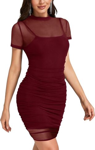 Rooscier Women's Sexy Sheer Mesh Dress 2 Pcs Short Sleeve Ruched Bodycon with Cami Dress in Saudi Arabia