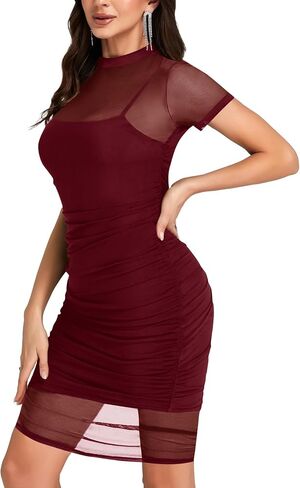 Rooscier Women's Sexy Sheer Mesh Dress 2 Pcs Short Sleeve Ruched Bodycon with Cami Dress in Saudi Arabia