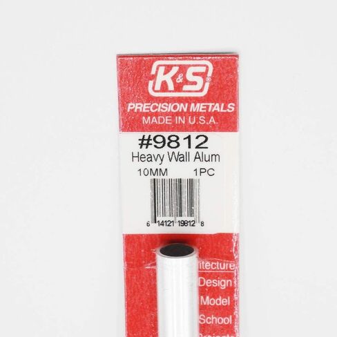 K&S Precision Metals 9812 Heavy Wall Aluminum Tube, 10mm O.D. X .76mm Wall Thickness X 300mm Long, 1 piece per pack, Made in the USA in Kuwait