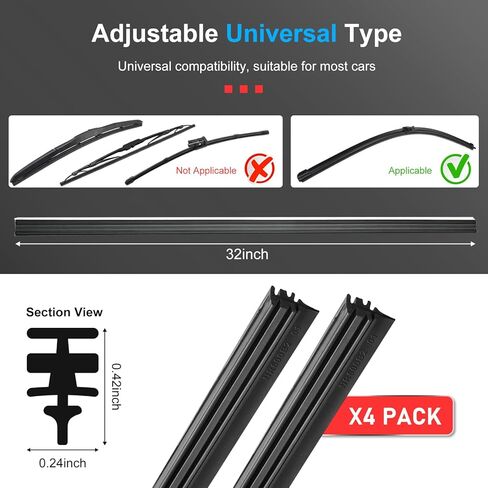 4 عبوات من شرائط شفرات ممسحة الزجاج الأمامي للسيارة، شفرة ممسحة بدون إطار للنافذة ذاتية الصنع، حجم قابل للتعديل 32 بوصة، ملحقات عالمية للسيارات لمعظم المركبات in Kuwait