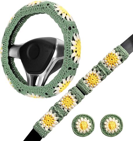 Crochet Steering Wheel Cover Set,Cute Steering Wheel Cover Boho 14-15in,Sunflower Granny Square Pattern,Gift for Women Car Accessories HZYZW (Wheel Cover Set) in Saudi Arabia