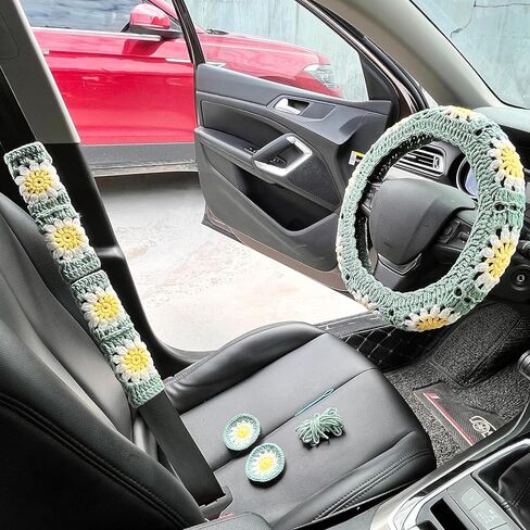 Crochet Steering Wheel Cover Set,Cute Steering Wheel Cover Boho 14-15in,Sunflower Granny Square Pattern,Gift for Women Car Accessories HZYZW (Wheel Cover Set) in Saudi Arabia