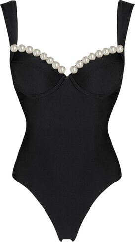 FLAXMAKER Black Double Shoulder Straps Chest Pearl One Piece Swimsuit and Skirt in Saudi Arabia