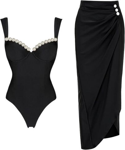 FLAXMAKER Black Double Shoulder Straps Chest Pearl One Piece Swimsuit and Skirt in Saudi Arabia