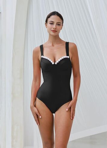 FLAXMAKER Black Double Shoulder Straps Chest Pearl One Piece Swimsuit and Skirt in Saudi Arabia