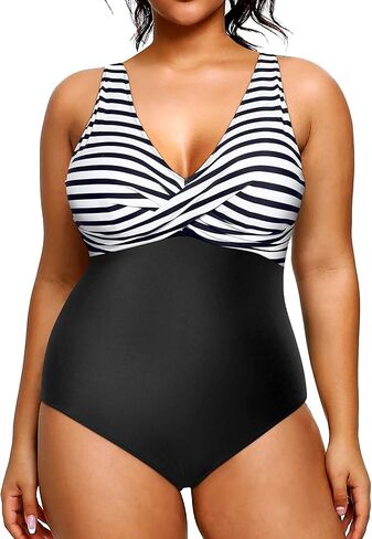 Yonique Plus Size Swimsuit One Piece Bathing Suits for Women Tummy Control Slimming Swimwear Black and White Stripe 18 Plus in Saudi Arabia