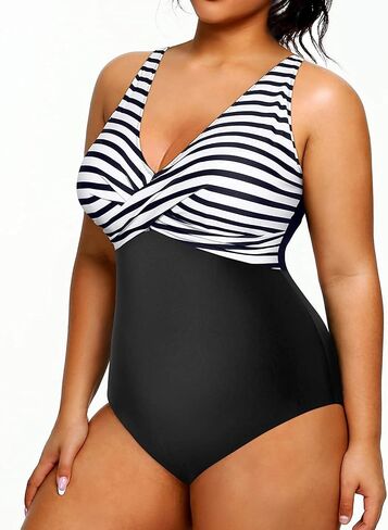 Yonique Plus Size Swimsuit One Piece Bathing Suits for Women Tummy Control Slimming Swimwear Black and White Stripe 18 Plus in Saudi Arabia