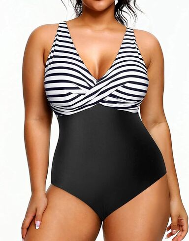Yonique Plus Size Swimsuit One Piece Bathing Suits for Women Tummy Control Slimming Swimwear Black and White Stripe 18 Plus in Saudi Arabia