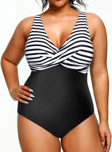 Yonique Plus Size Swimsuit One Piece Bathing Suits for Women Tummy Control Slimming Swimwear Black and White Stripe 18 Plus in Saudi Arabia