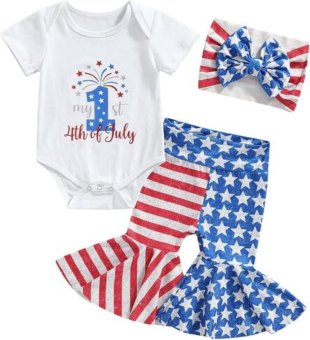 4th Of July Baby Girl Outfit Newborn Fourth Of July USA Romper+Flare Pants+Headband Memorial Day Clothes Set in Kuwait