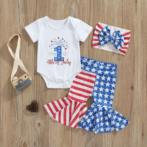 4th Of July Baby Girl Outfit Newborn Fourth Of July USA Romper+Flare Pants+Headband Memorial Day Clothes Set in Kuwait