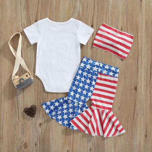 4th Of July Baby Girl Outfit Newborn Fourth Of July USA Romper+Flare Pants+Headband Memorial Day Clothes Set in Kuwait