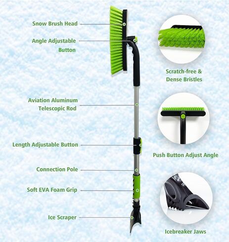 فرشاة ثلج ومكشطة ثلج للزجاج الأمامي للسيارة مقاس 53 بوصة، رأس فرشاة محورية 360 درجة مع قبضة إسفنجية مريحة، مكشطة ثلج قابلة للتمديد 3 في 1 ومكنسة ثلج لشاحنات السيارات ذات الدفع الرباعي، أخضر in Kuwait