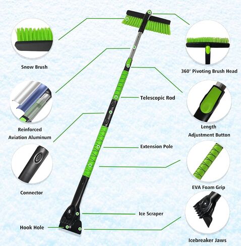 39" Snow Brush and Ice Scraper for Car Windshield, 360° Pivoting Brush Head with Comfort Foam Grip, 2 in 1 Extendable Snow Scraper and Snow Broom for Car Trucks SUV, Green in Saudi Arabia