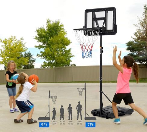 طوق كرة السلة المحمول في الهواء الطلق، ارتفاع طوق كرة السلة للأطفال قابل للتعديل 5-7 أقدام، 28 بوصة لوحة خلفية وعجلات للأطفال/المراهقين/الشباب في الفناء الخلفي/الممر/الداخل، مع قاعدة موسعة ولوحة خلفية للكمبيوتر الشخصي in Kuwait