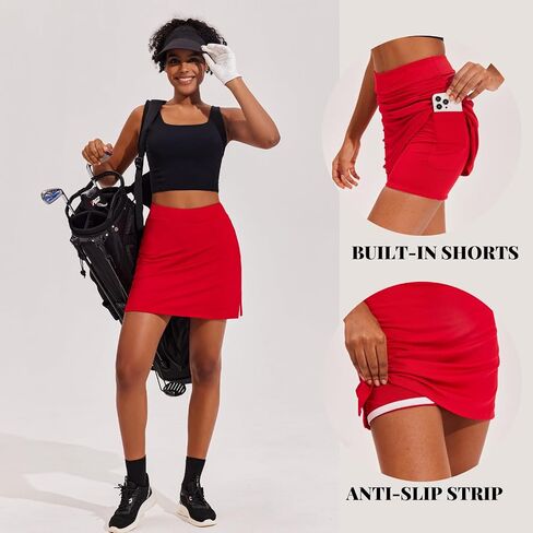Ekouaer Golf Skirts for Women Athletic Skorts Lightweight Tennis Skirts Inner Shorts Pocket Pickleball Running Workout Sports Skorts,Red XL in Saudi Arabia
