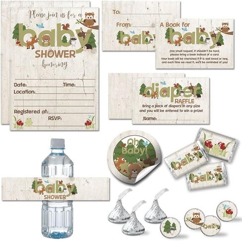 Amanda Creation Woodland Forest Animals Baby Shower Party Bundle Includes 20 each of Invitations with Envelopes + 4 Different Sizes of Decorative Stickers, Diaper Tickets & Bring a Book Cards in Saudi Arabia