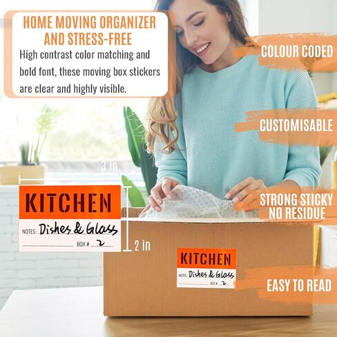 ملصقات صناديق متحركة منزلية قابلة للإزالة، ملصقات منزلية متحركة، 240 قطعة من علامات الغرفة ملصقات صناديق متحركة 2 × 3 بوصة ملصقات صناديق التعبئة الملونة للغرفة ملصقات هشة in Kuwait