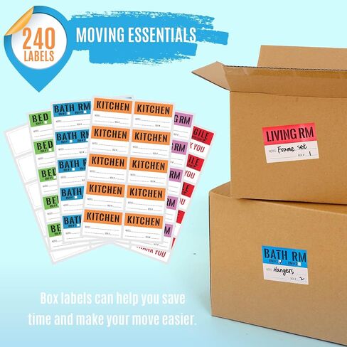ملصقات صناديق متحركة منزلية قابلة للإزالة، ملصقات منزلية متحركة، 240 قطعة من علامات الغرفة ملصقات صناديق متحركة 2 × 3 بوصة ملصقات صناديق التعبئة الملونة للغرفة ملصقات هشة in Kuwait